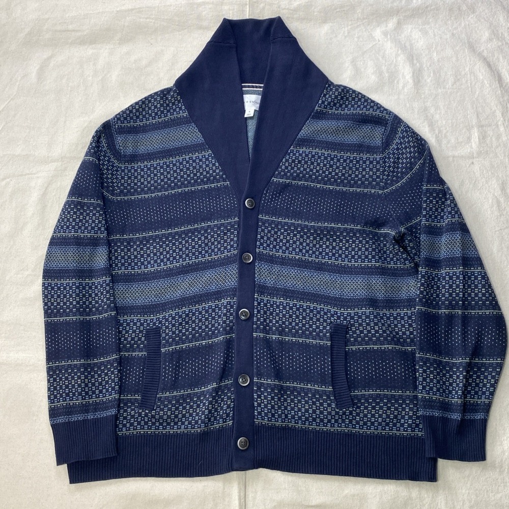 Sun + Stone Men's Fair Isle Cardigan Sweater Blue Jacket Birdseye Sz XL